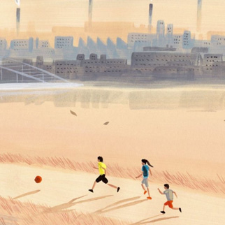 Illustrasjonsbilde, barn som spiller fotball med industribygg i bakgrunnen